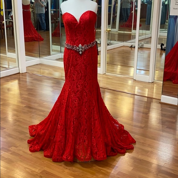 red prom dress with rhinestones